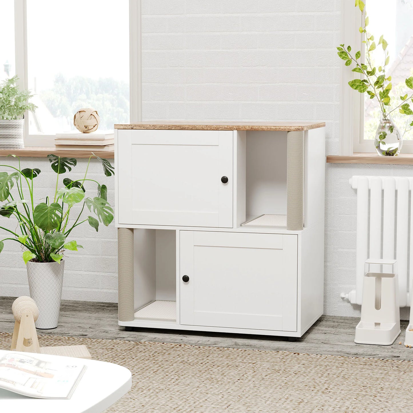 HiMISS Cat Litter Box Enclosure With Double Layer Cabinet And Sisal Post