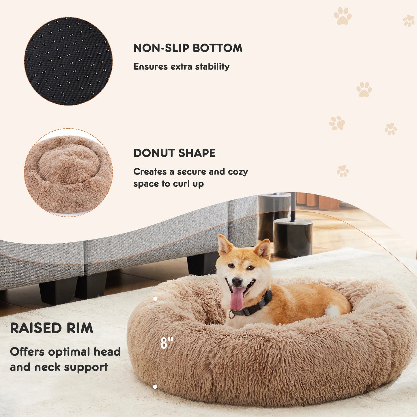 JHK Calming Round Dog Bed Plush Faux Fur Anti Slip