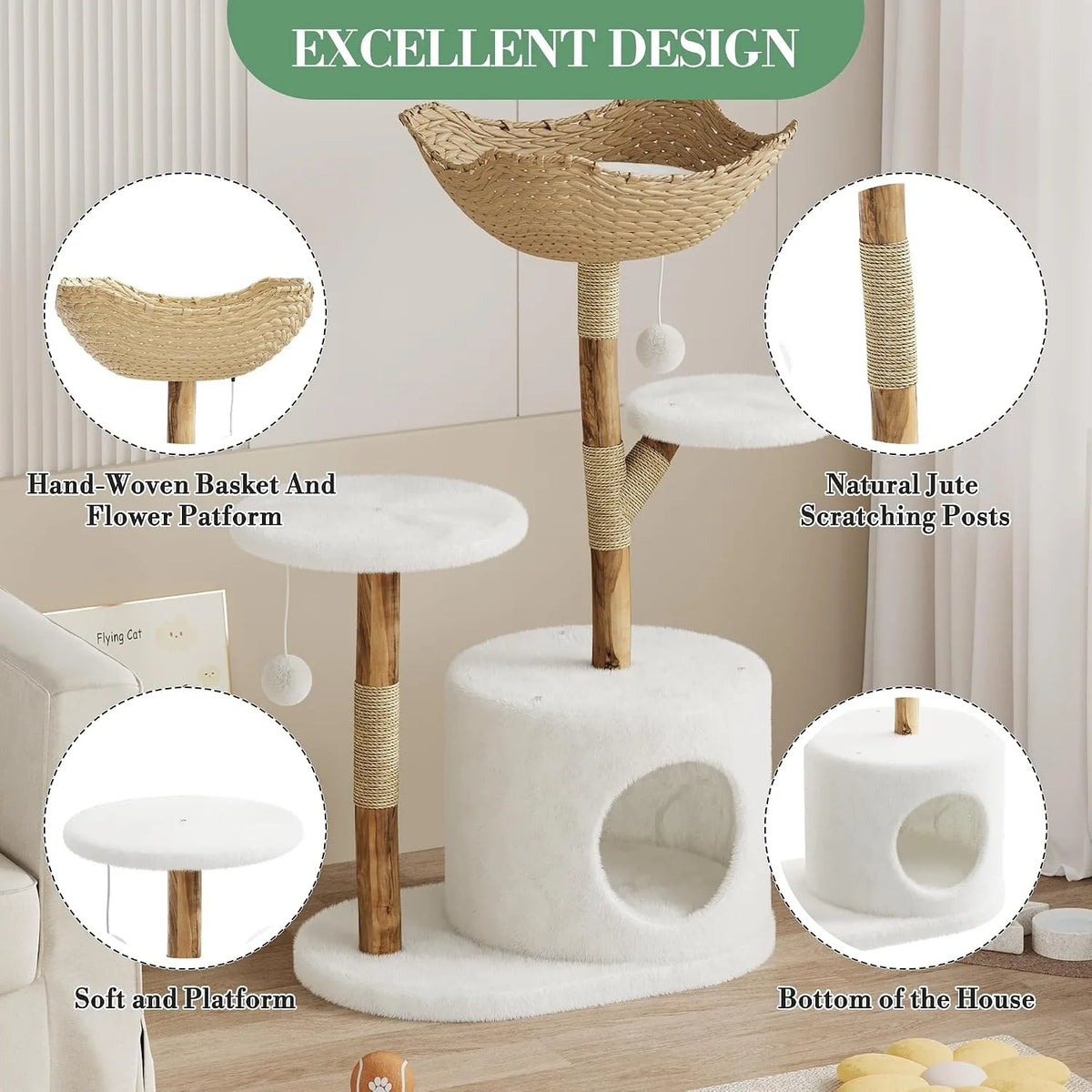 Wooden Cat Tree Tower With Rattan Perches For Indoor Cats