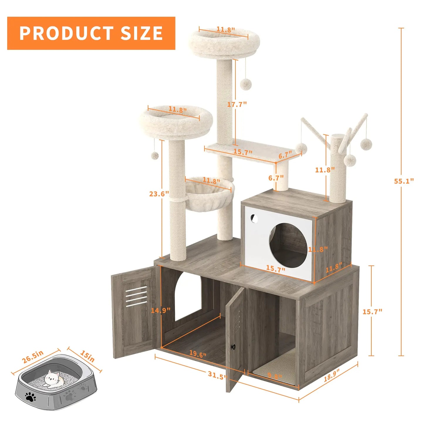 HiMISS Modern Wooden Cat Tree With Hidden Litter Box Cabinet