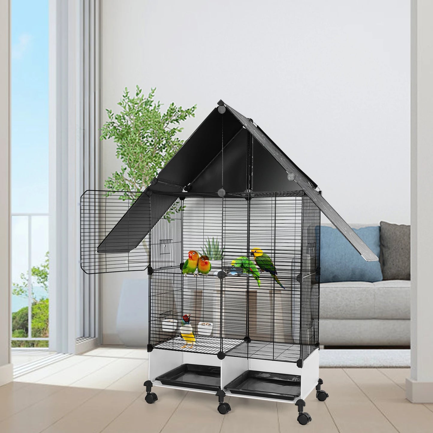 Shunmaii Large Bird Cage With Lock Rolling Stand Bird Villa