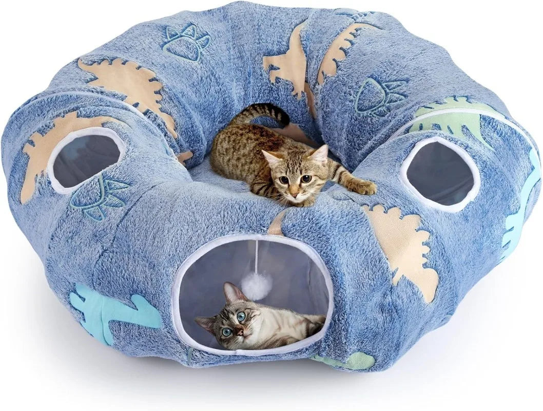Foldable Cat Tunnel With Peekaboo Cave And Plush Bed