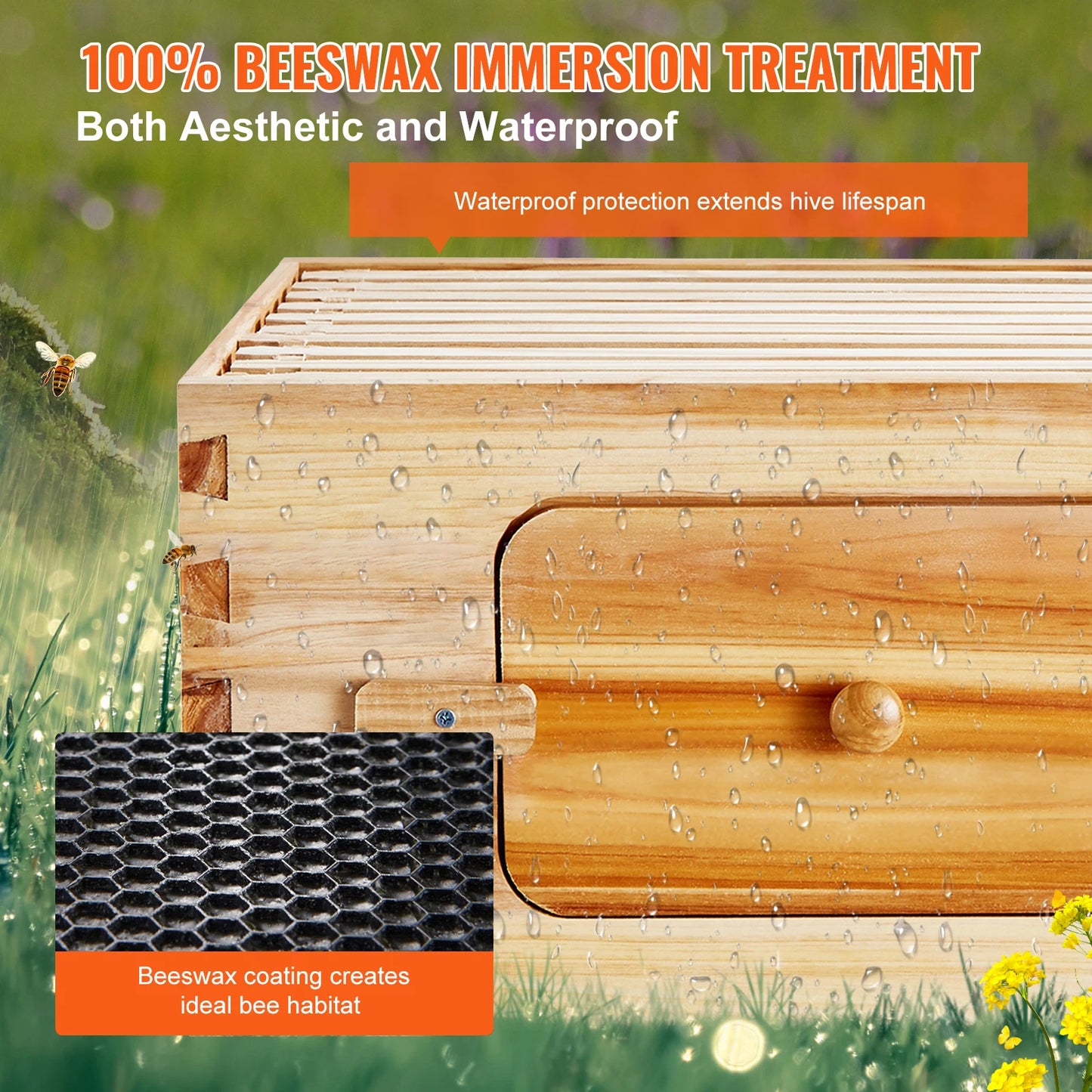 SucceBuy Bee Hive Deep Box Starter Kit 100% Beeswax Coated Natural Cedar Wood Langstroth Beehive Kit Transparent Acrylic
