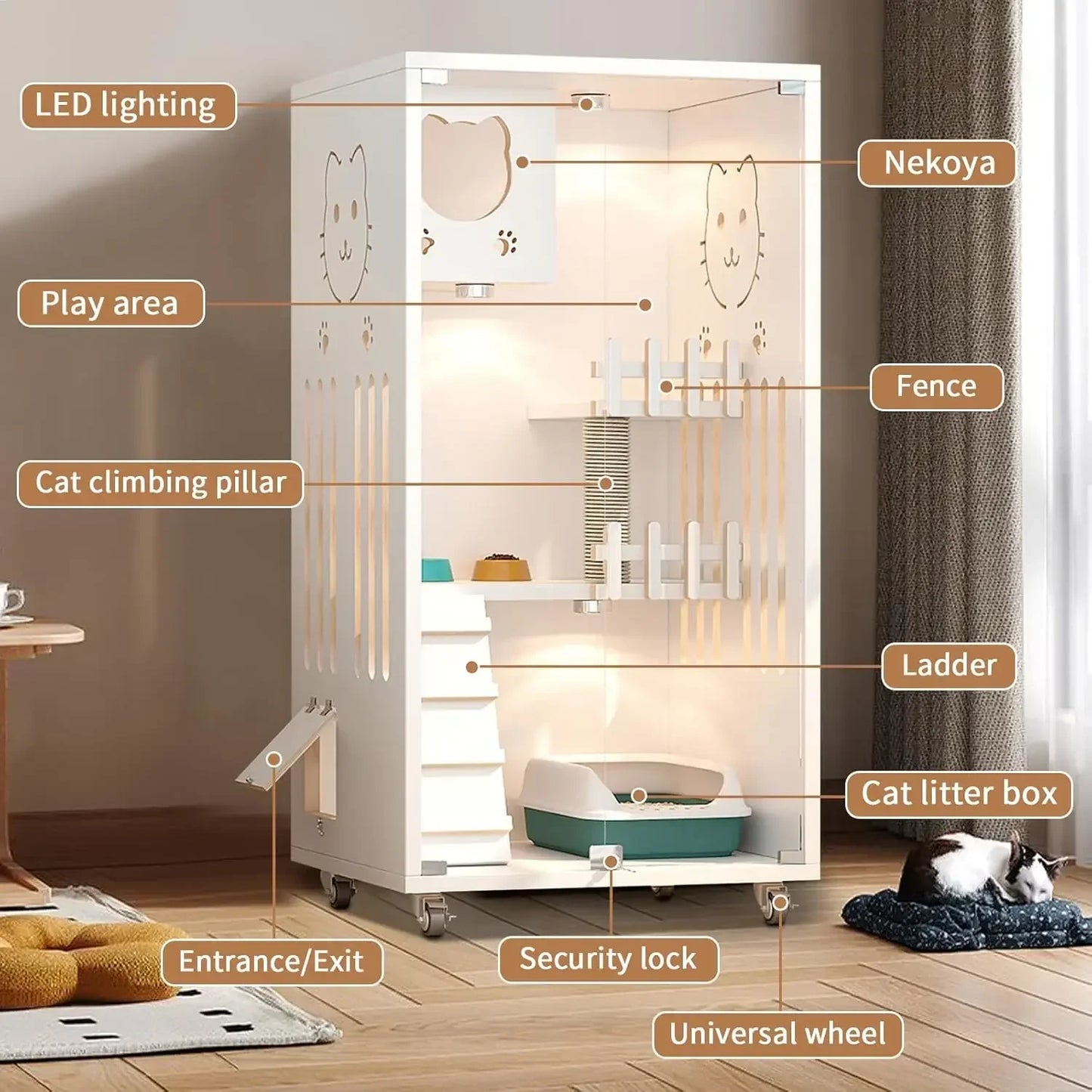 Large Wooden Cat House, Indoor Cat Condo Enclosed, Multi-Feature Luxury Cat Villa with Wheels Scratching Post,, Customized