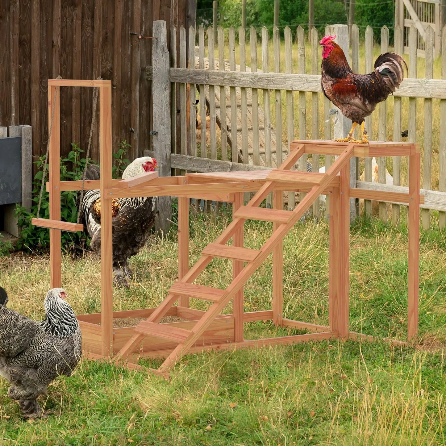 Wooden Chicken Roost Activity Play Multiple Chicken Coop Perches with Swing Toy
