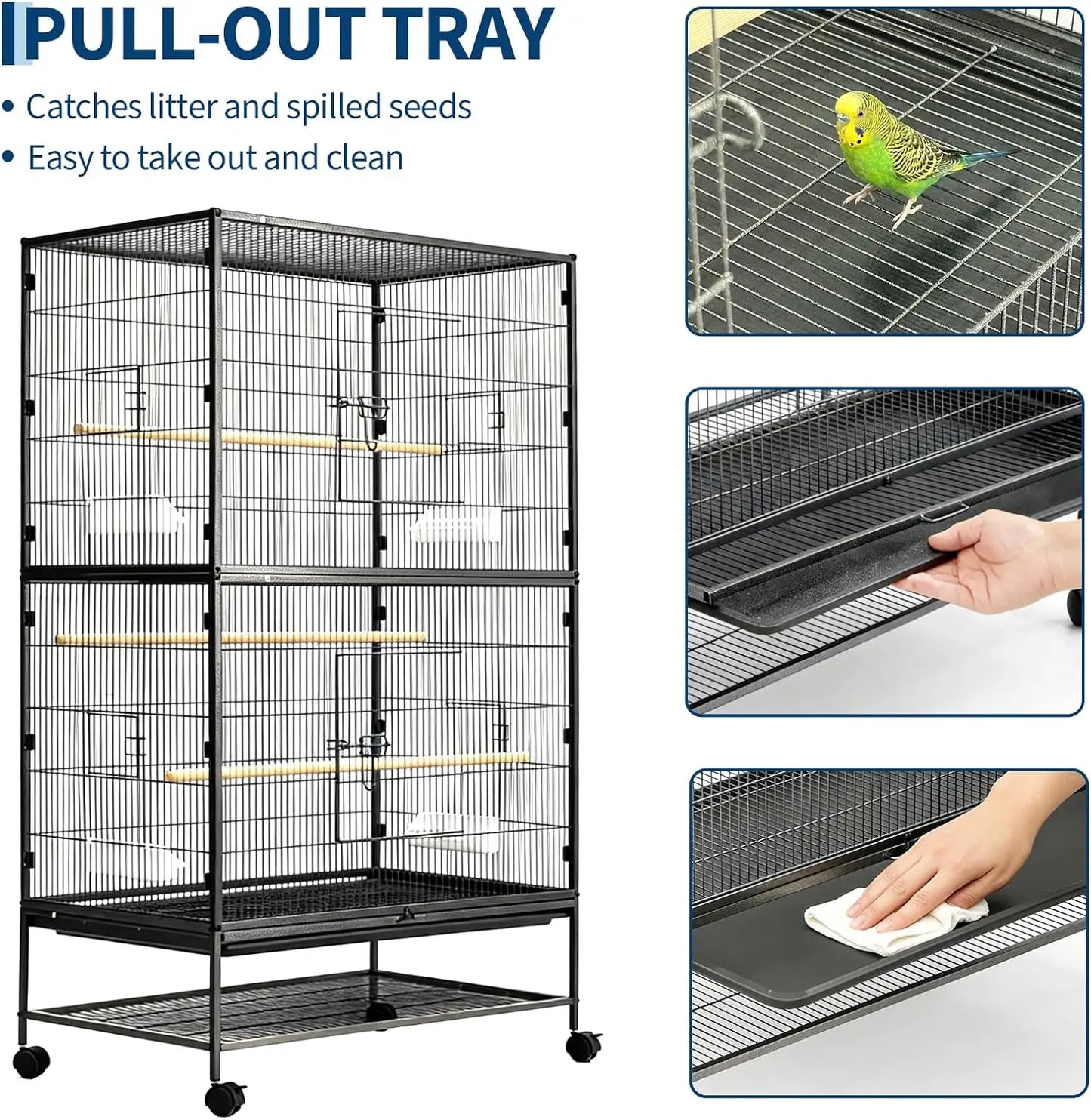 HiMISS Large Bird Cage With Rolling Storage Stands And Bowls