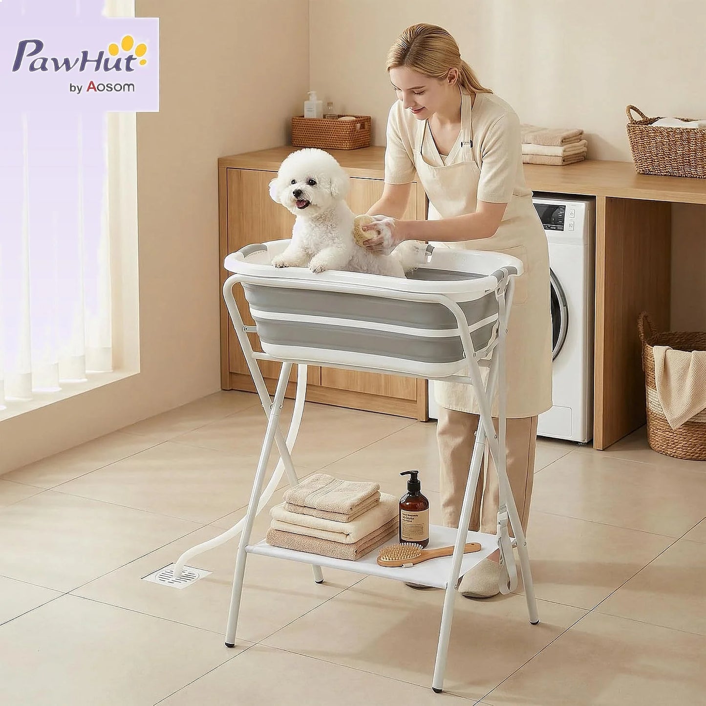 PawHut 2-in-1 Elevated Dog Bath Tub Portable Foldable Washing Station for Small Pets