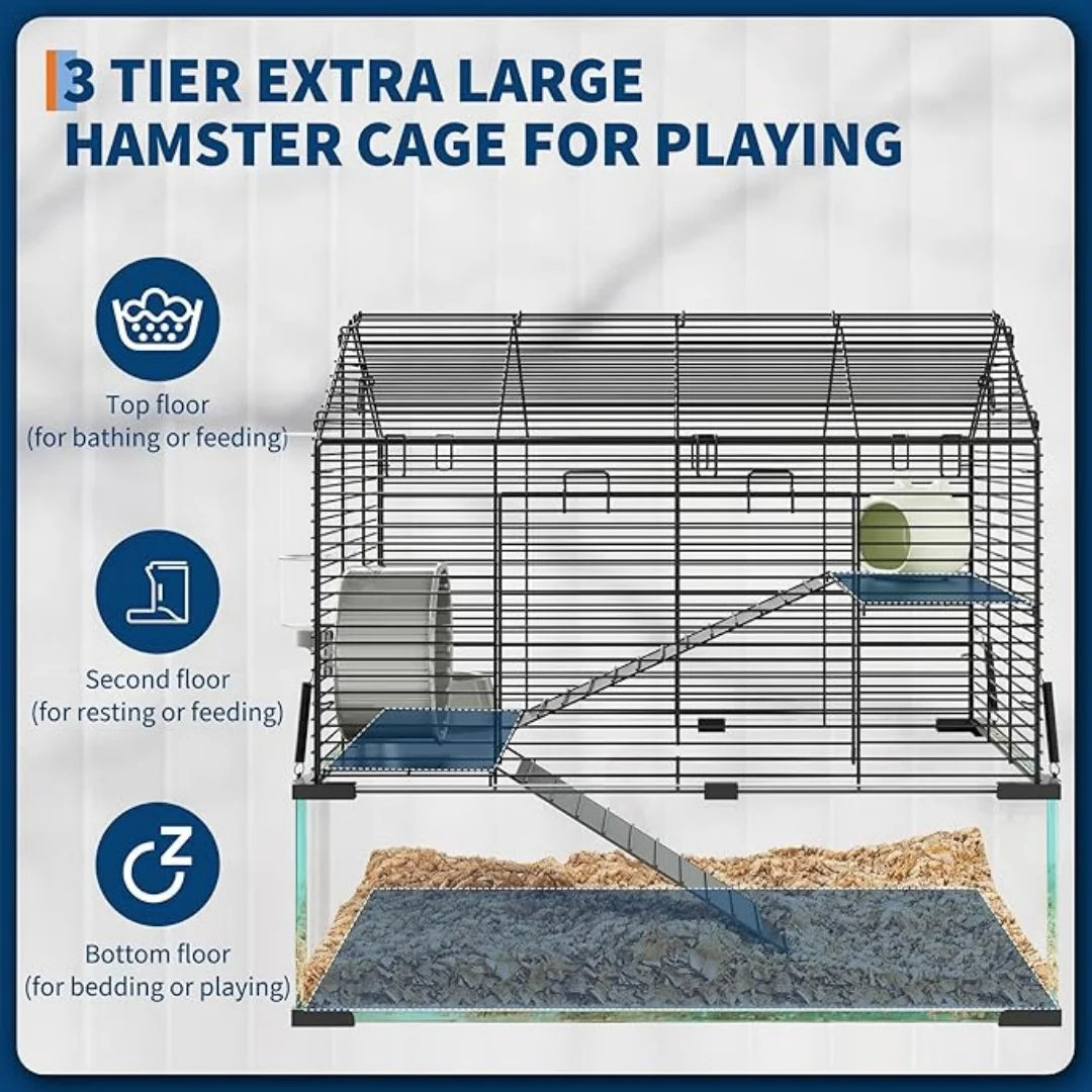 HiMISS 3-Tier Hamster Enclosure With Glass Panels For Small Pets