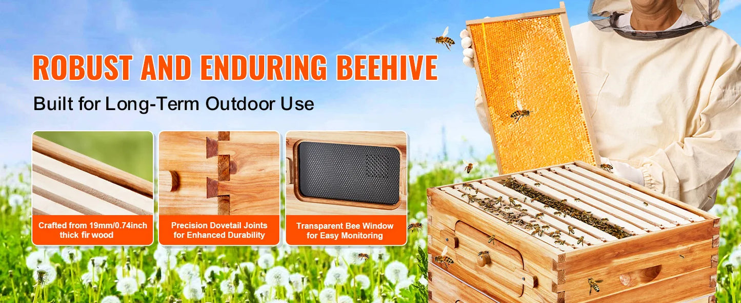 SucceBuy Bee Hive Deep Box Starter Kit 100% Beeswax Coated Natural Cedar Wood Langstroth Beehive Kit Transparent Acrylic