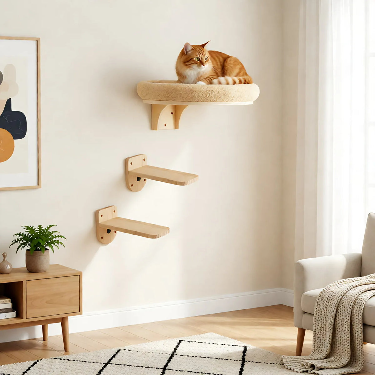 Solid Wooden Wall Mounted Cat Ladder And Hammock With Scratching Post