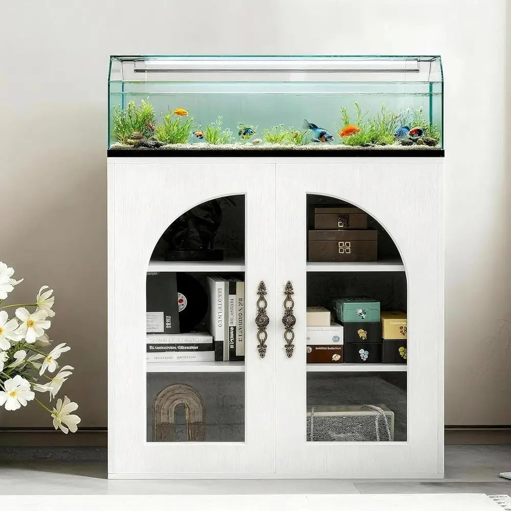 Glass Door Aquarium Stand With Adjustable Shelves And Cabinet
