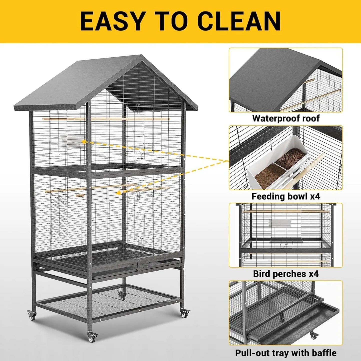 HiMISS Steel Parrot Cage With Casters Removable Tray And Feeders