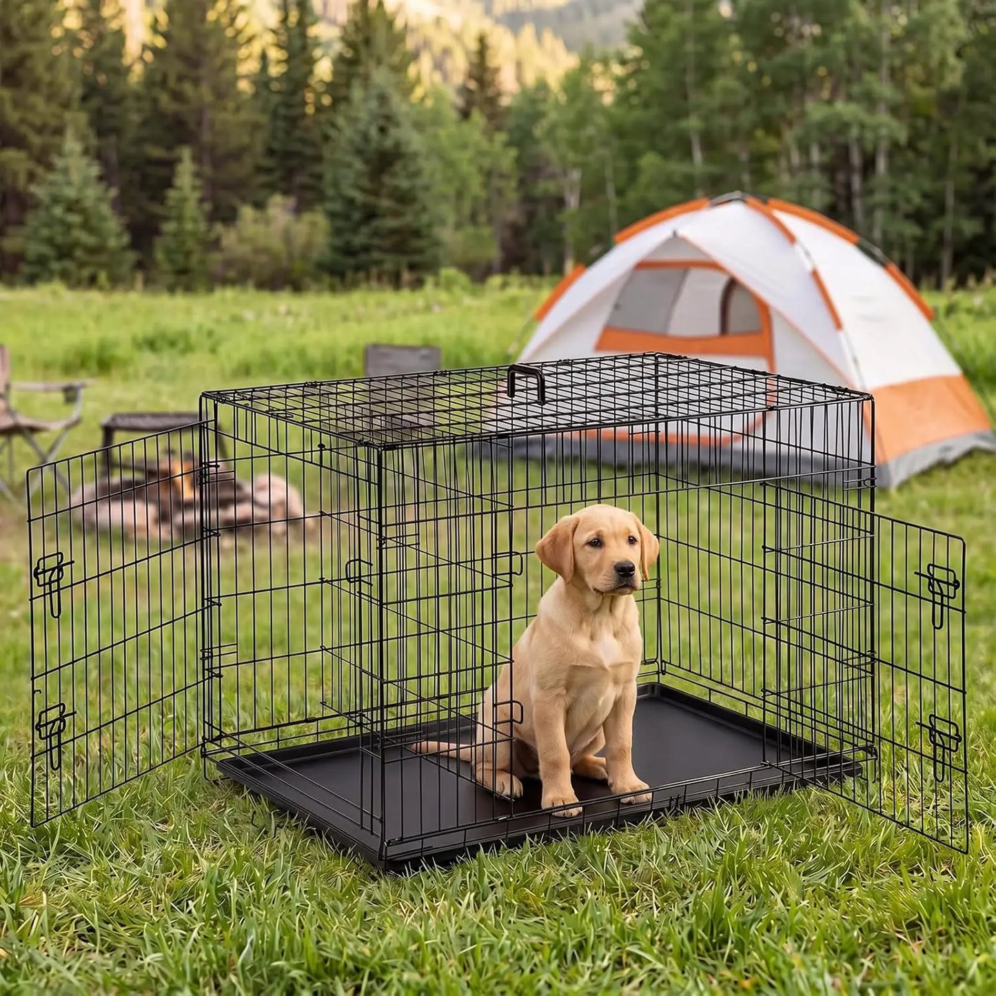42 Inch Dog Crate for Medium Large Dogs, Double Door Folding Metal Wire Cage with Leak-Proof Tray for Indoor Outdoor Travel