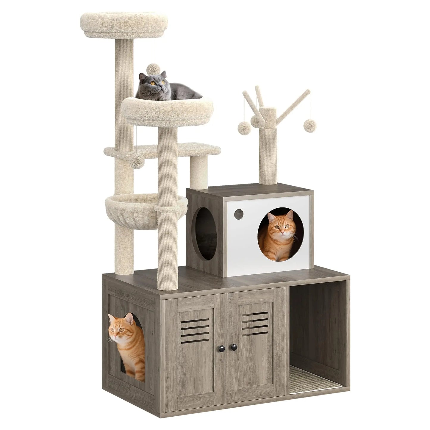 HiMISS Modern Wooden Cat Tree With Hidden Litter Box Cabinet