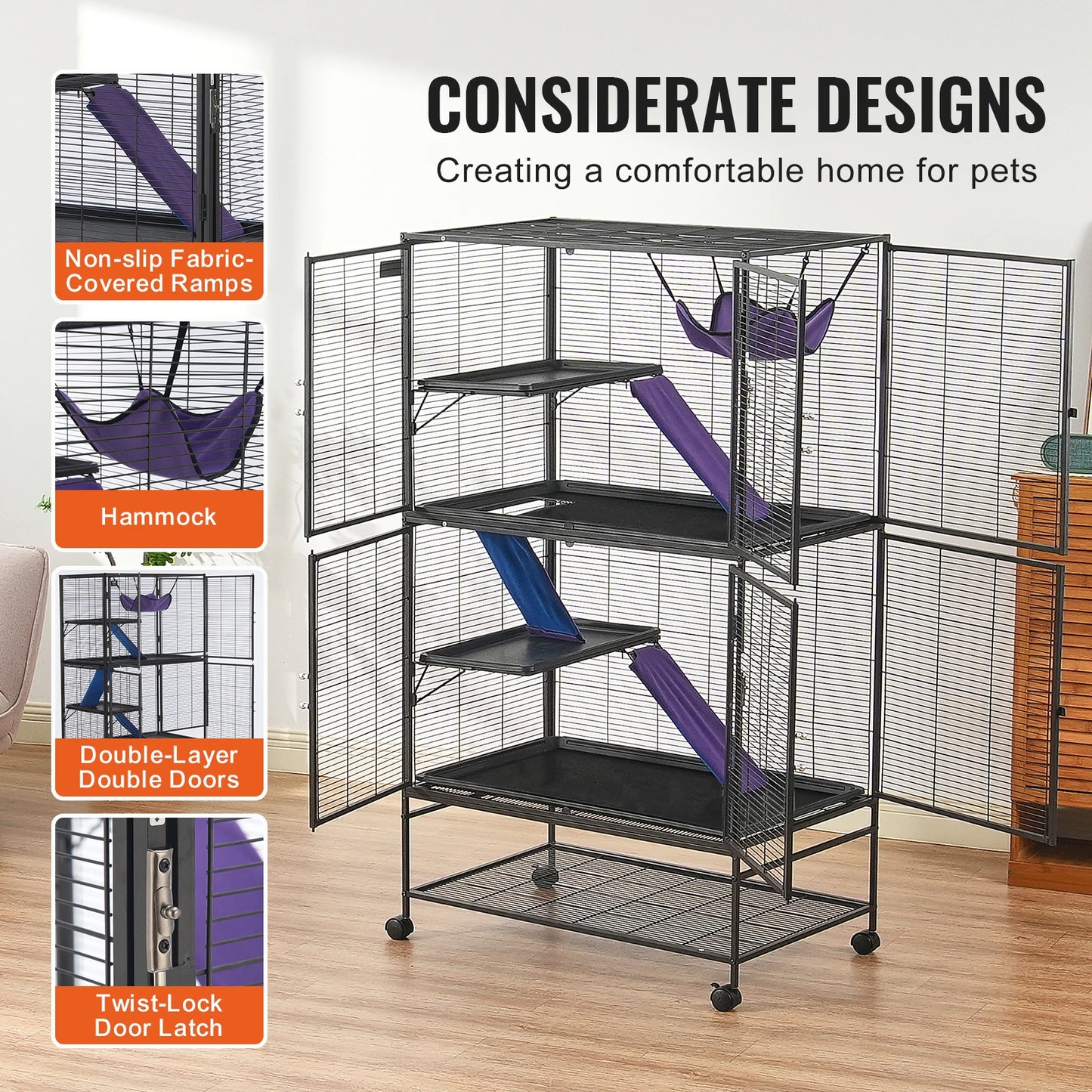 SucceBuy Rolling Metal Ferret Cage 4-Tier Small Animal Cage