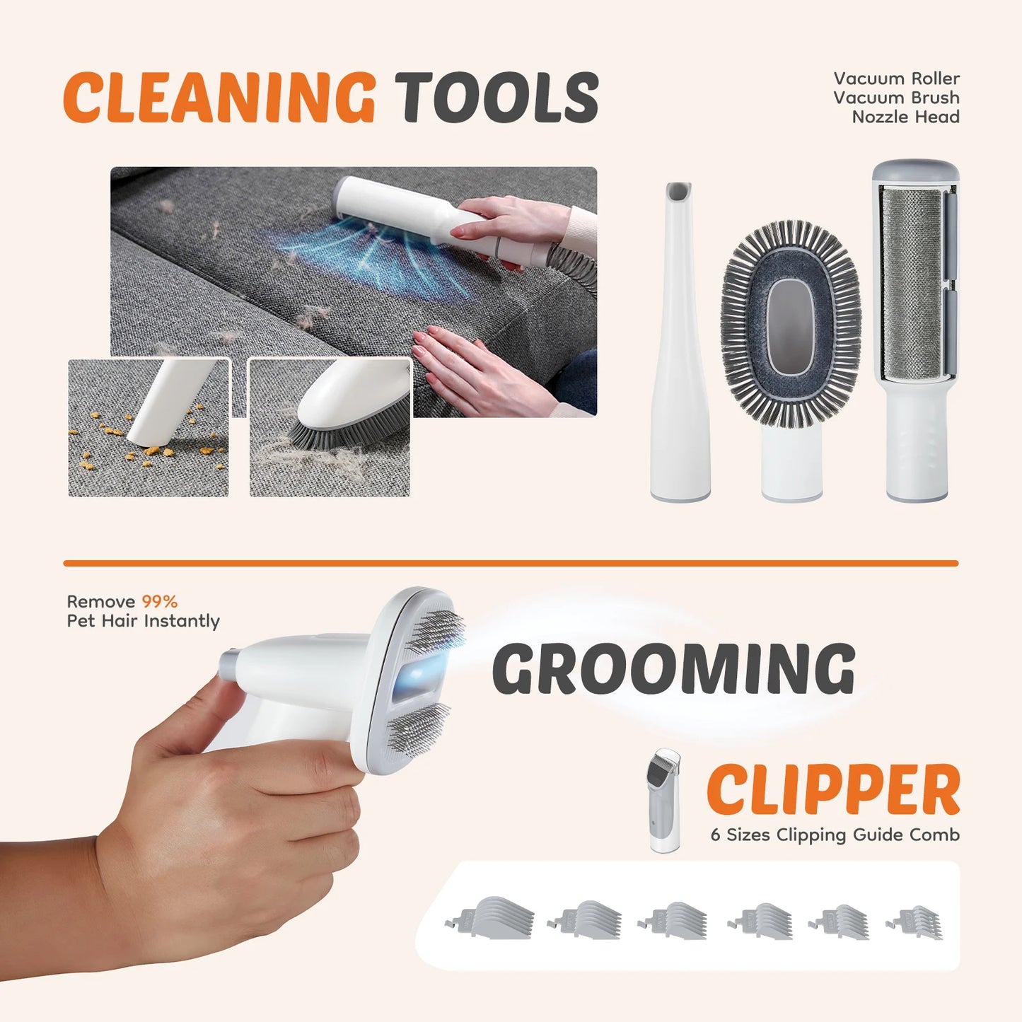 Cordless Low Noise Pet Grooming Vacuum Kit With Suction Modes