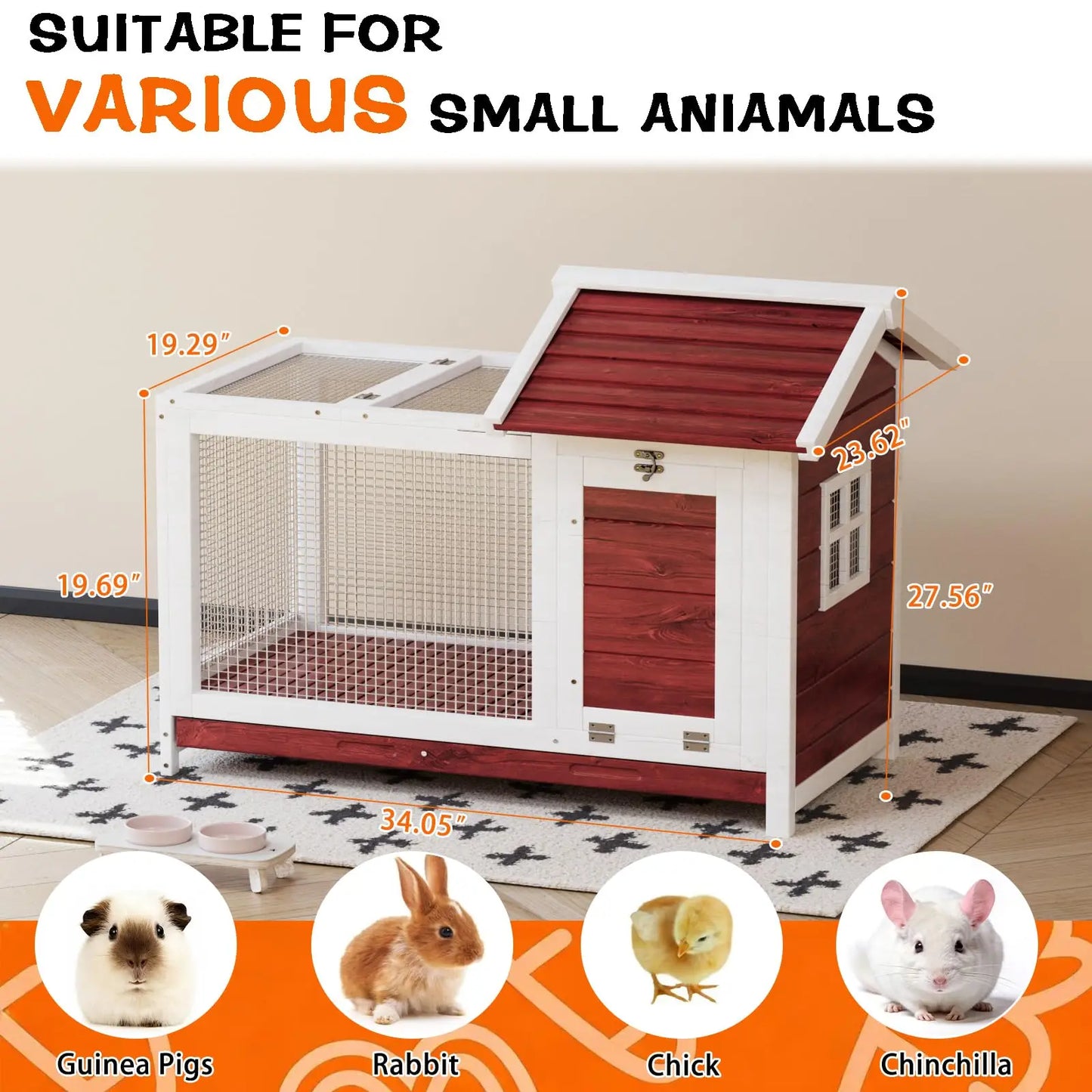 HiMISS Outdoor Wooden Rabbit Hutch With Nesting Box Openable Roof