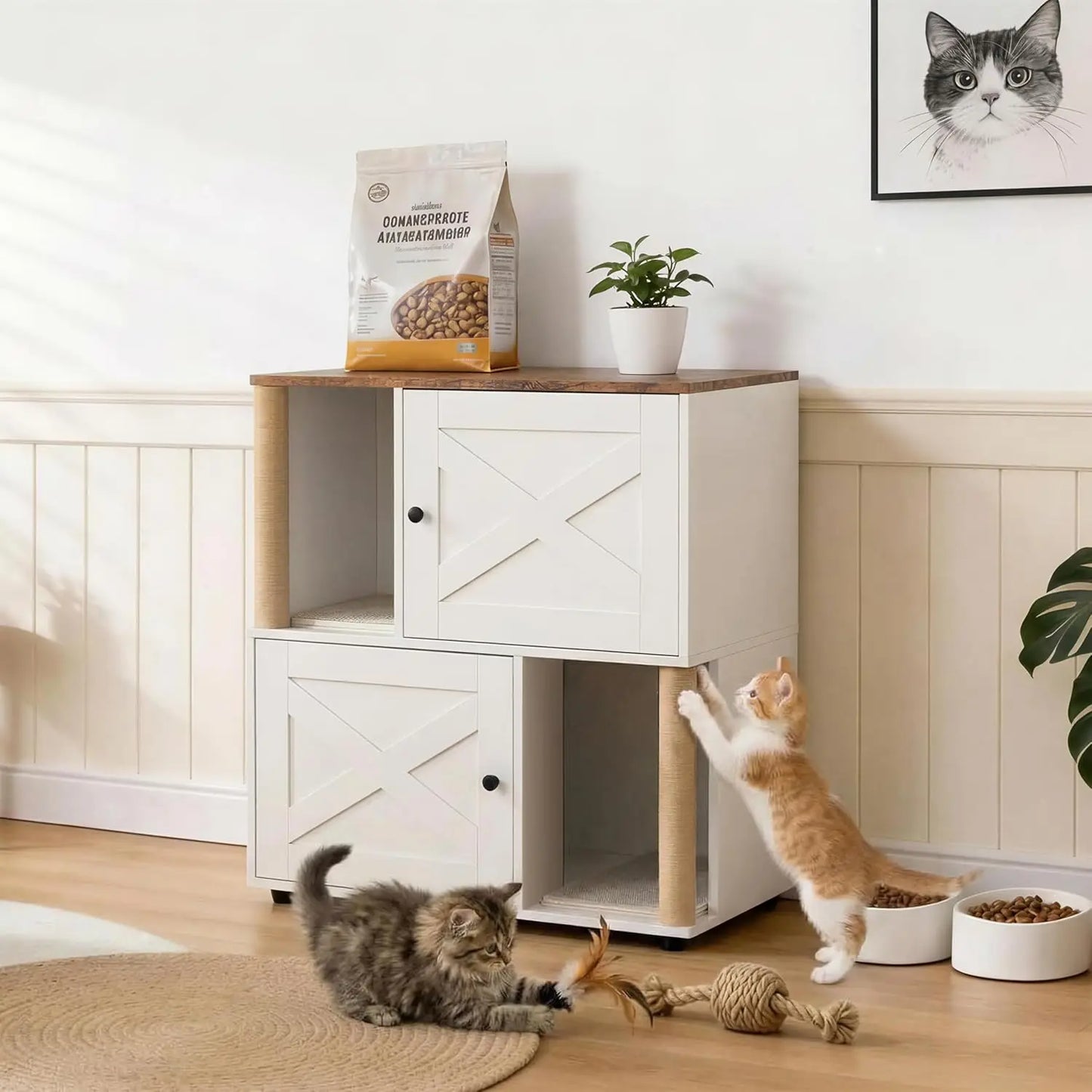 HiMISS Cat Litter Box Enclosure Dual Layer Cabinet With Litter Mats