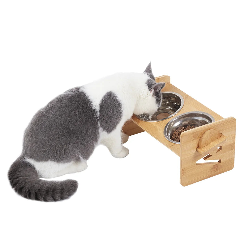 Adjustable Bamboo Raised Dog Feeding Stand With Stainless Steel Bowls