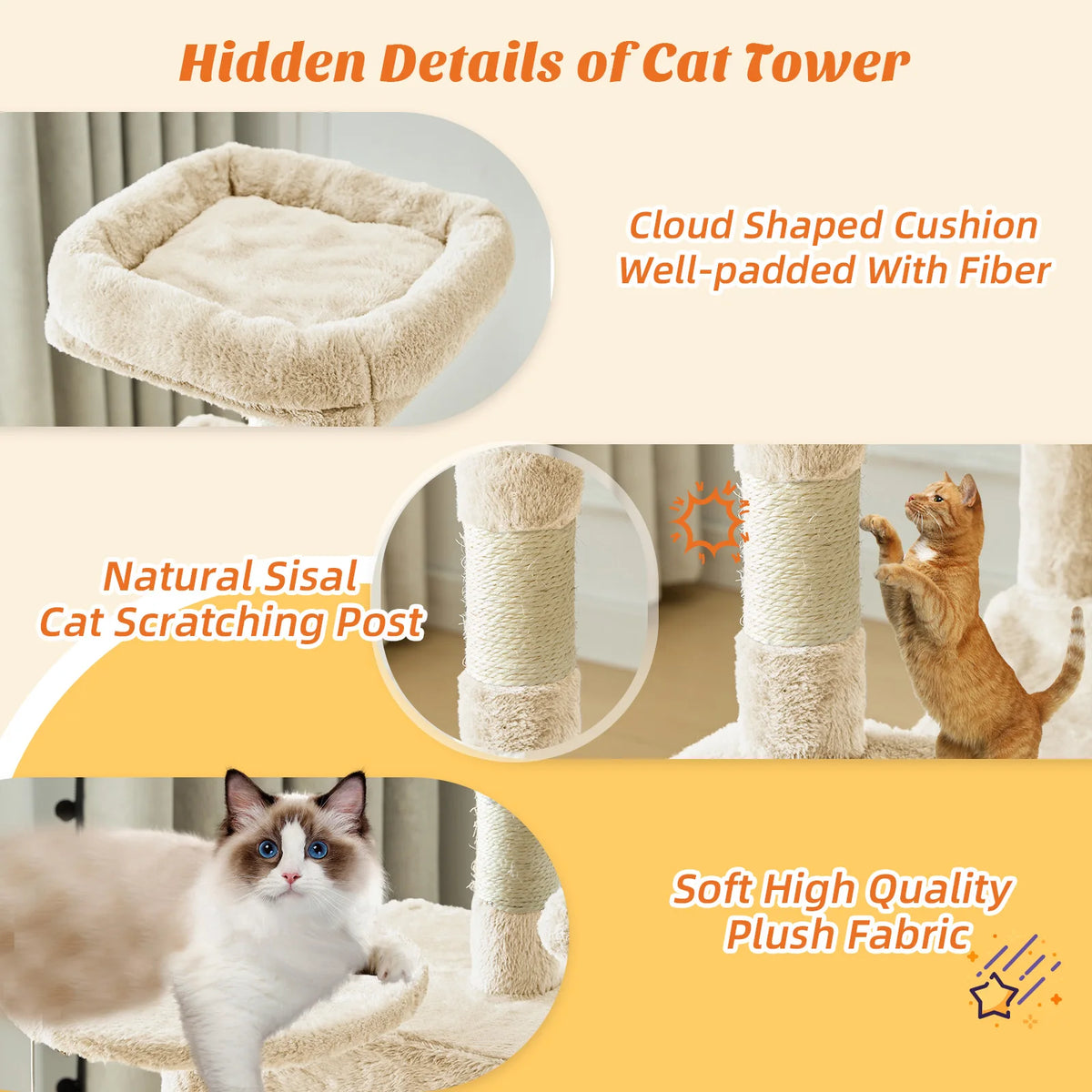 MCQ 44IN Cat Tree Tower Cat Climbing Tower with Natural Sisal Scratching Posts Pet Condo for Indoor Cats and Kittens Play