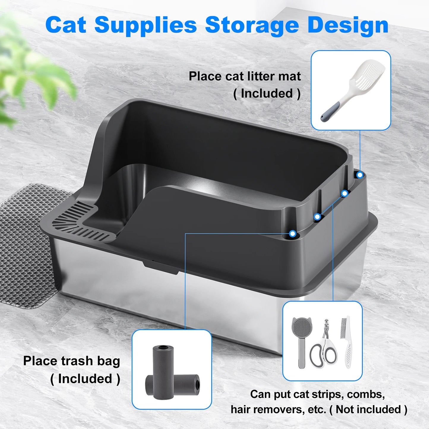 Stainless Steel Cat Litter Box Splash Proof Leak Resistant