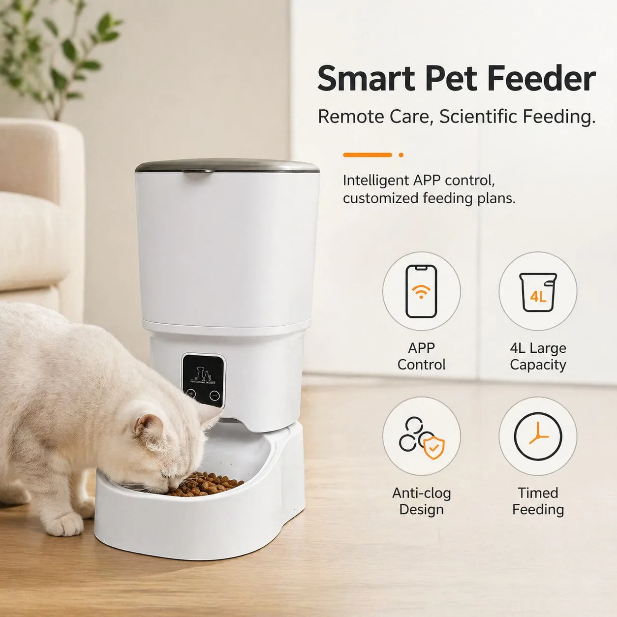 4L Large Capacity Smart Automatic Cat Feeder with Bowl - 4L, APP Control, Timed Feeding, Anti-Clogging Design for Cats & Small Dogs, All Seasons Pet Feeding Supply (No Excessive Waste Risk)