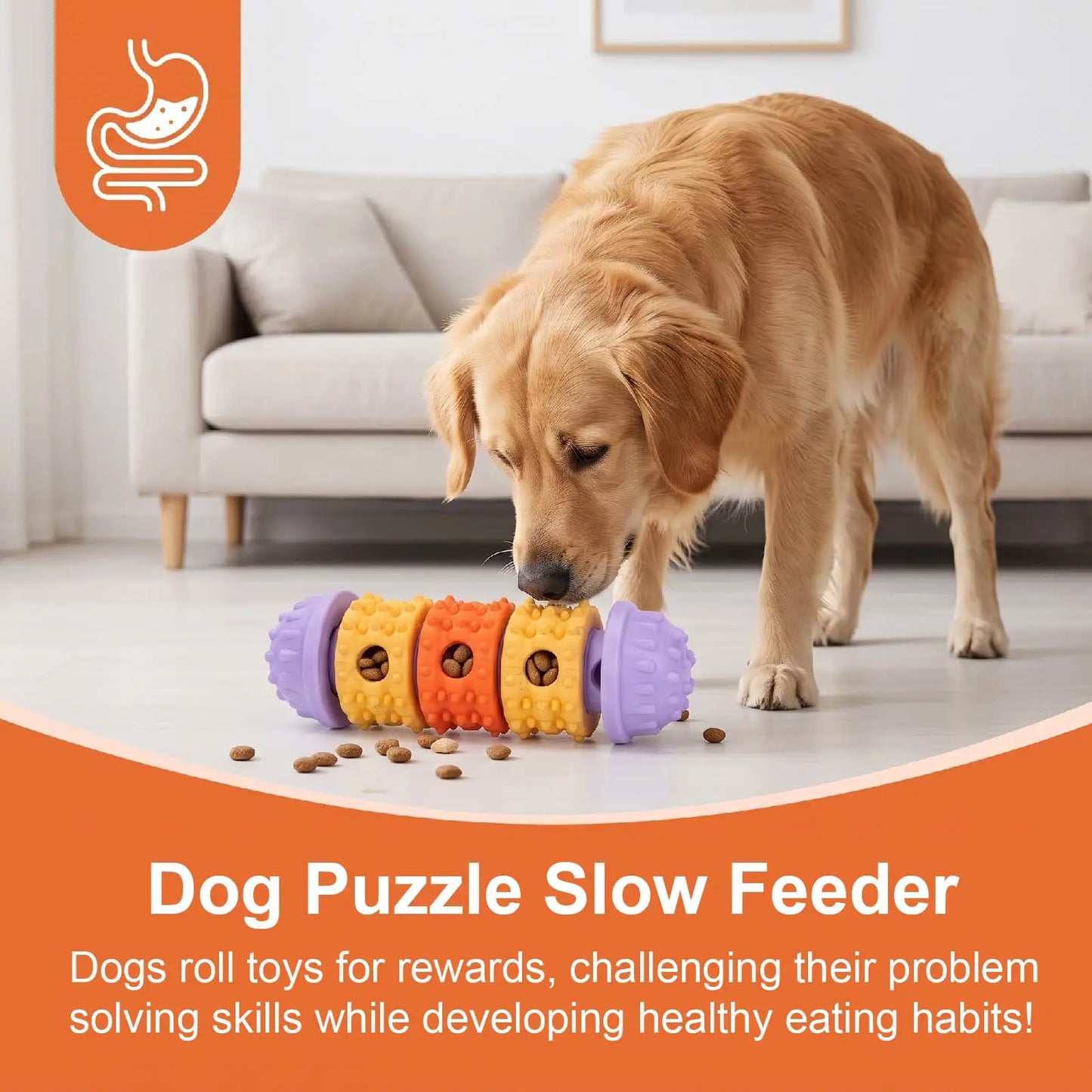 Dog enrichment toy with fun treat-dispensing design and textured chewing surface, built-in snack slots for slow feeding, suitable for all dog breeds for daily exercise and training