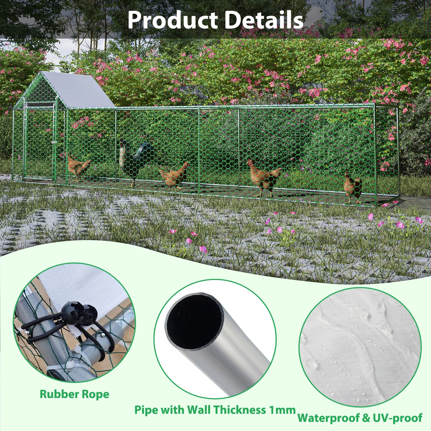 Metal Chicken Coop Run With Cover Durable Steel Frame PVC Coated Mesh