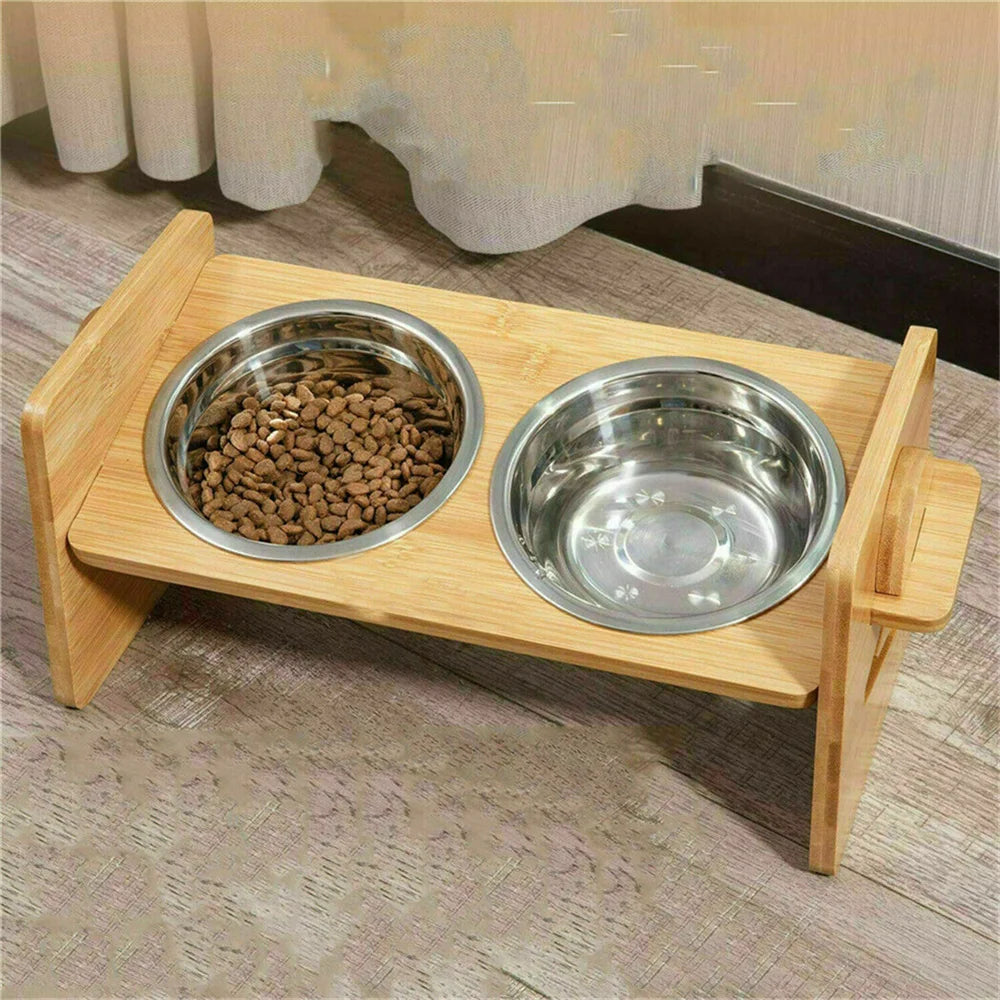 Adjustable Bamboo Raised Dog Feeding Stand With Stainless Steel Bowls