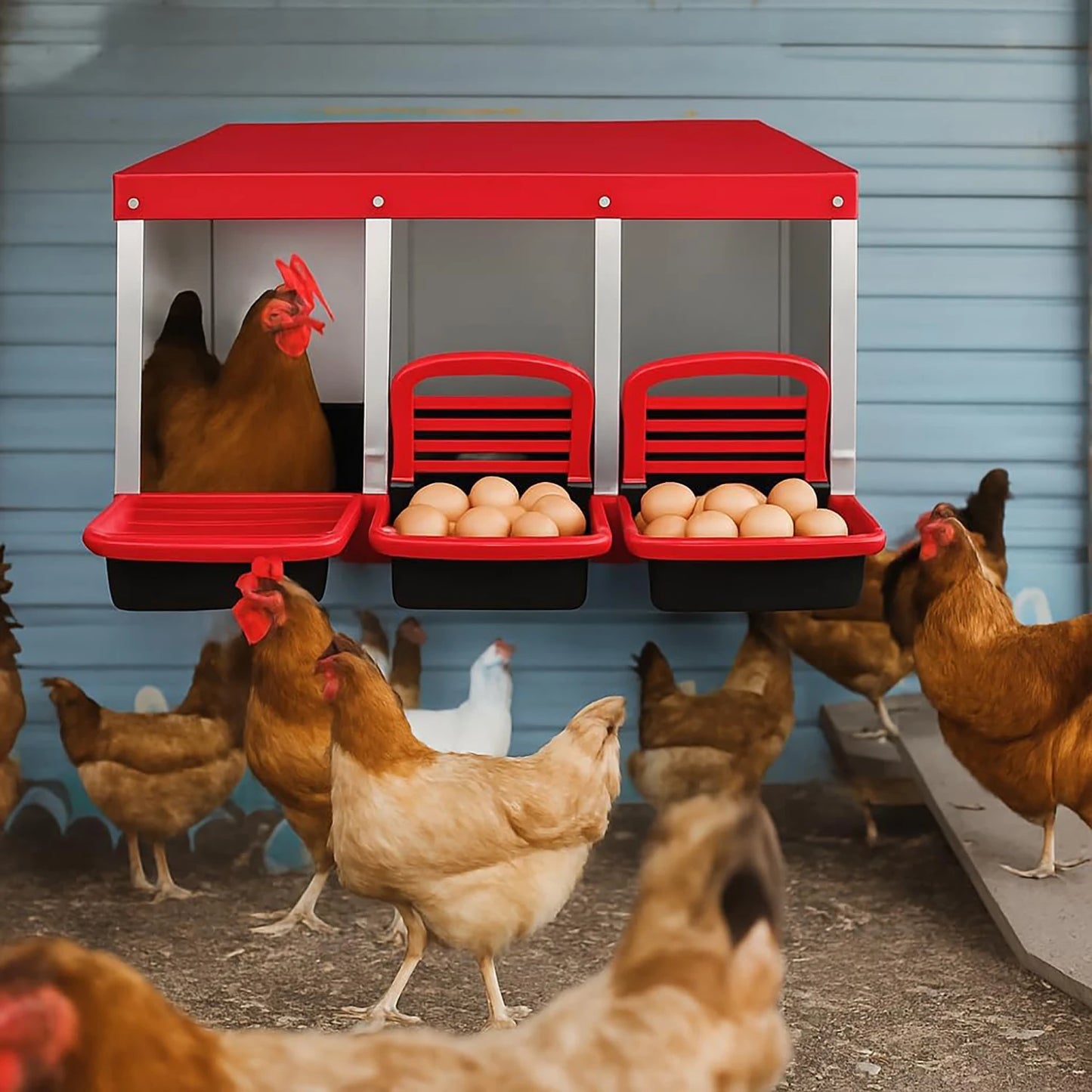HiMISS Chicken Nesting Boxes 3 Compartment Roll Away Nest Box