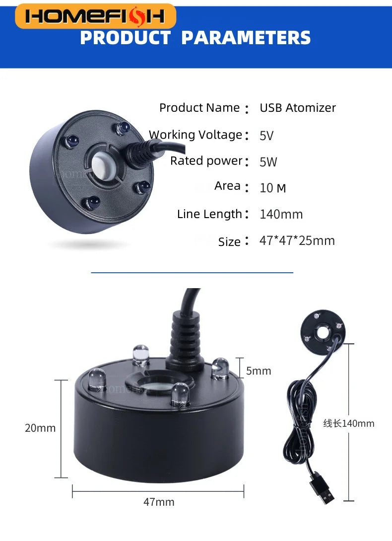 USB 5V Mist Maker Fogger Nebulizer For Aquariums With LEDs