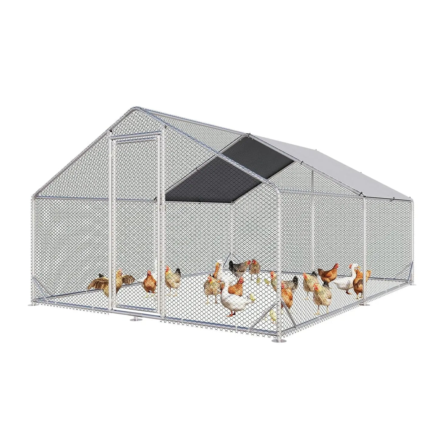 Sturdy Metal Chicken Coop With Outdoor Run And Spire Roof Enclosure