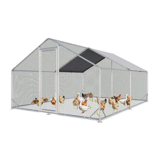 Sturdy Metal Chicken Coop With Outdoor Run And Spire Roof Enclosure