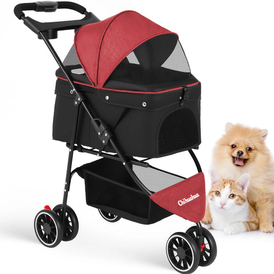 Chihuahua Pet Stroller Foldable Breathable Mesh Canopy Cats Dogs