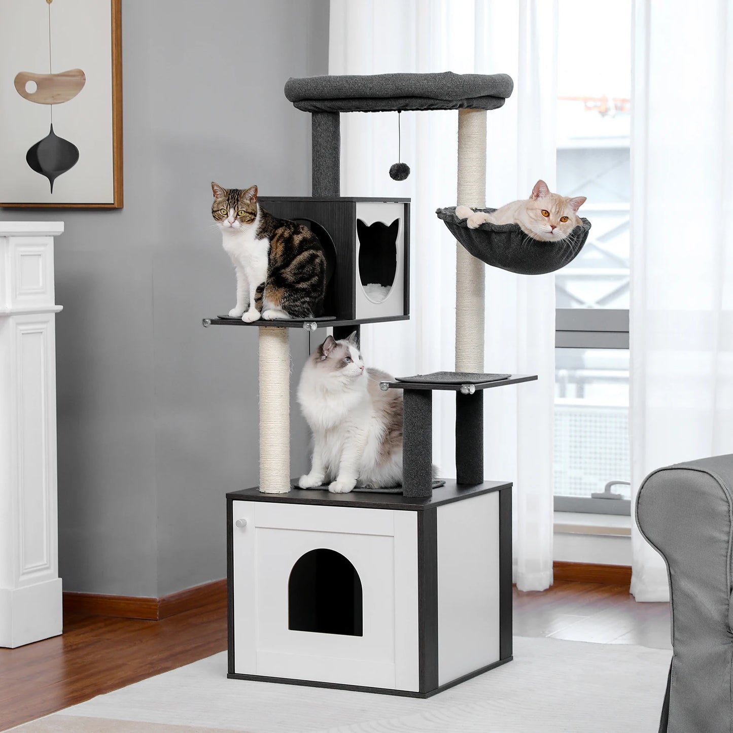 PAWZ Road Cat Tree With Litter Box Enclosure, Large Wood Tower, Storage Cabinet