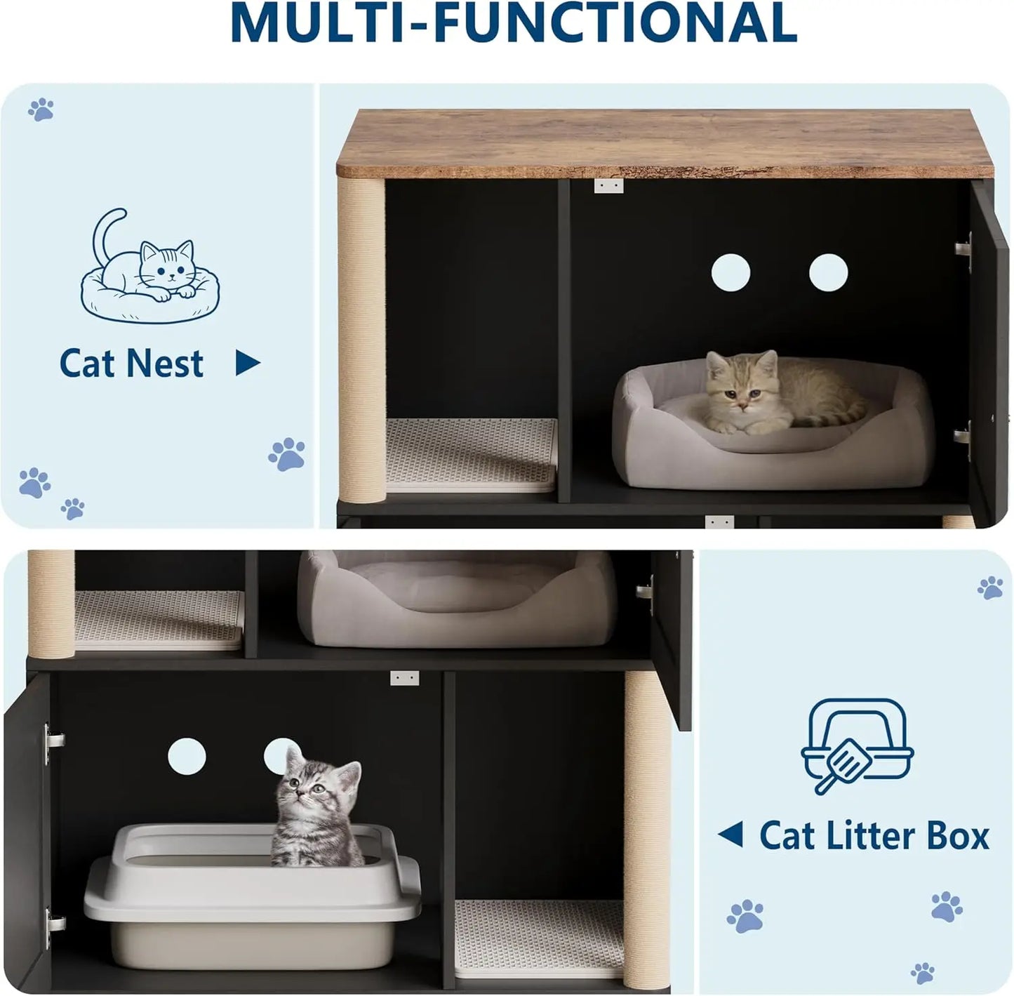 HiMISS Cat Litter Box Enclosure With Double Layer Cabinet And Sisal Post