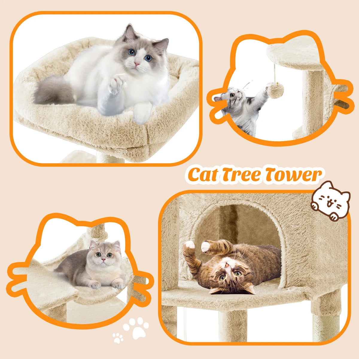 MCQ 44IN Cat Tree Tower Cat Climbing Tower with Natural Sisal Scratching Posts Pet Condo for Indoor Cats and Kittens Play