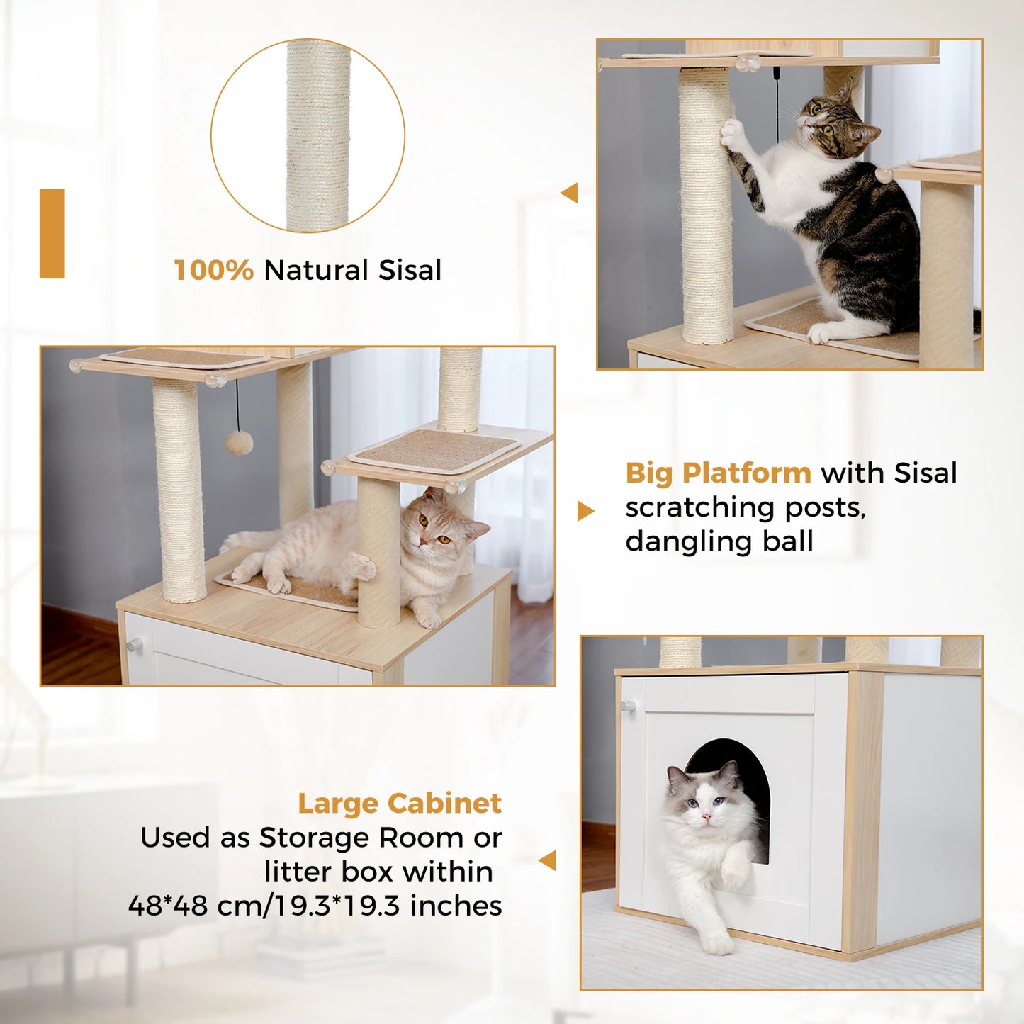 PAWZ Road Cat Tree With Litter Box Enclosure, Large Wood Tower, Storage Cabinet