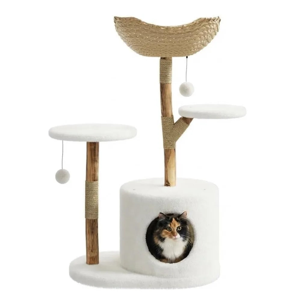Wooden Cat Tree Tower With Rattan Perches For Indoor Cats