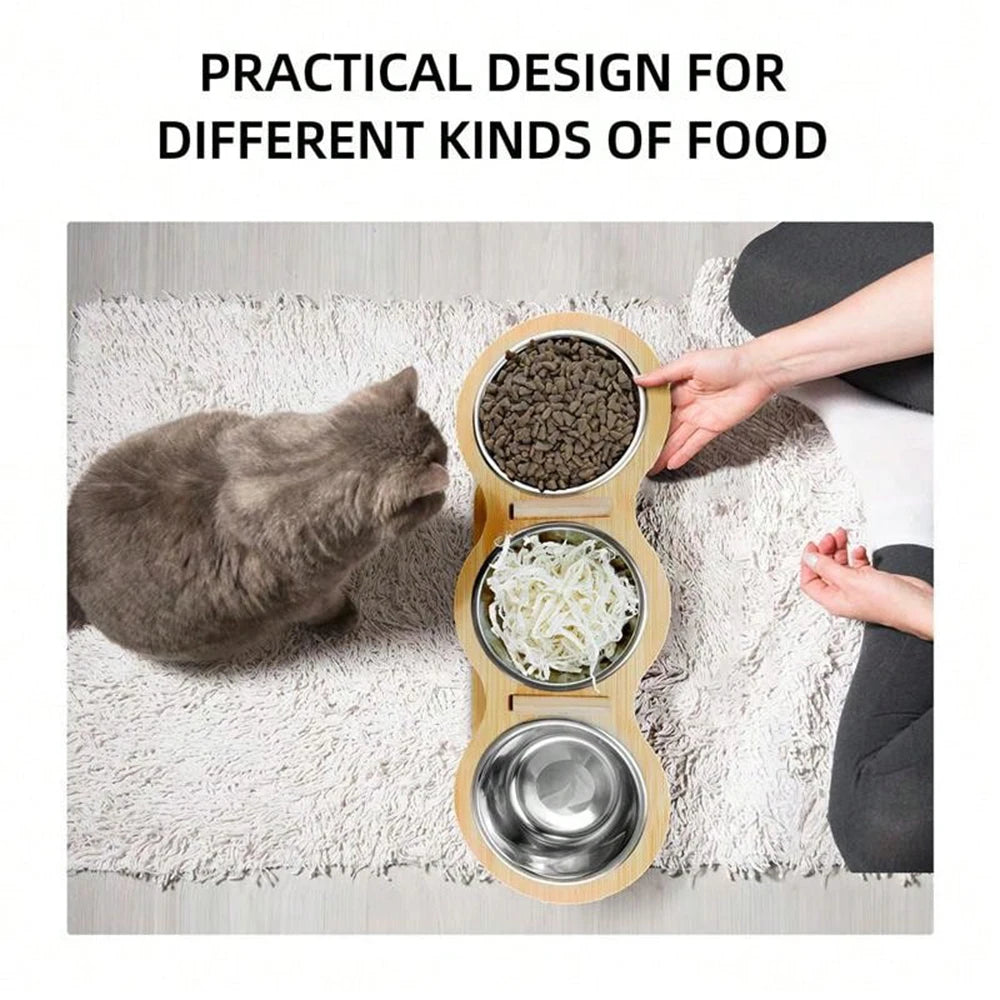 PETRAVEL Cat 3 Bowls In One Feeder Raised Stainless Steel