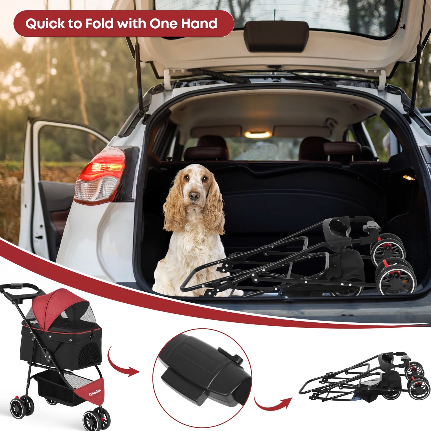 Chihuahua Pet Stroller Foldable Breathable Mesh Canopy Cats Dogs