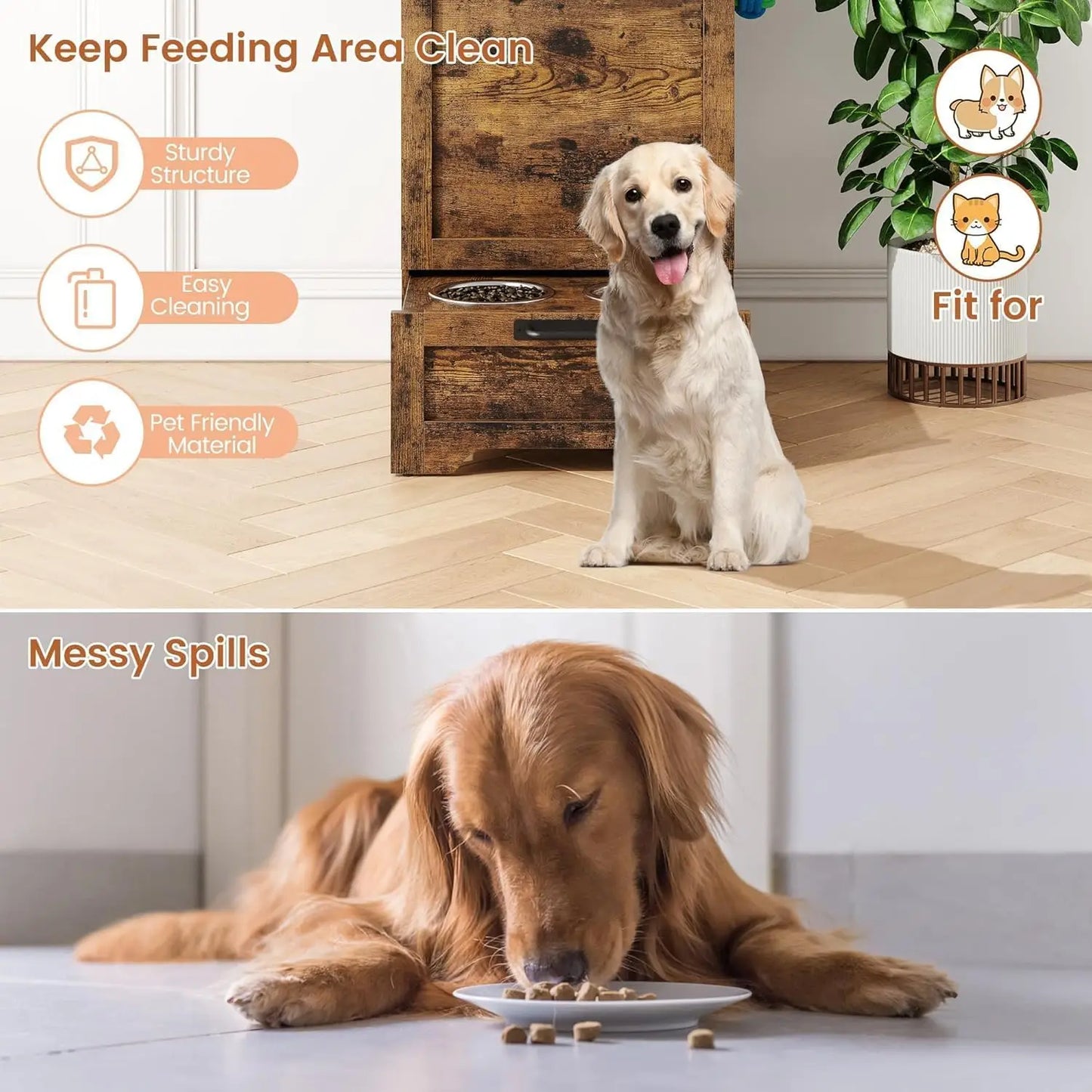 HiMISS Dog Food Station With Storage Raised Bowls And Hanger