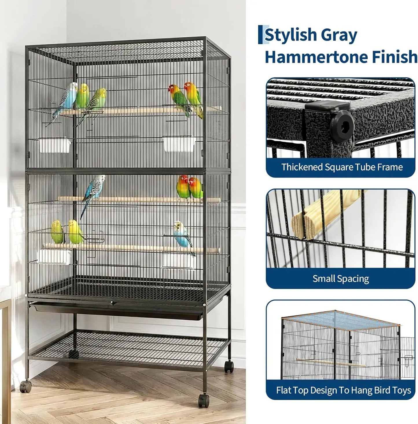 HiMISS Large Bird Cage With Rolling Storage Stands And Bowls