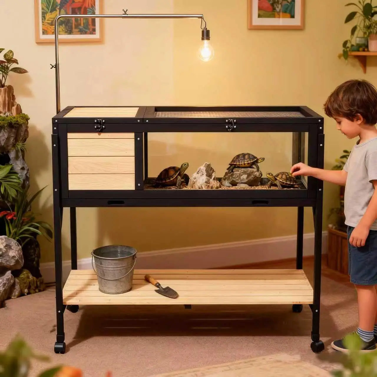 Wooden Tortoise Habitat Enclosure With Light Stand