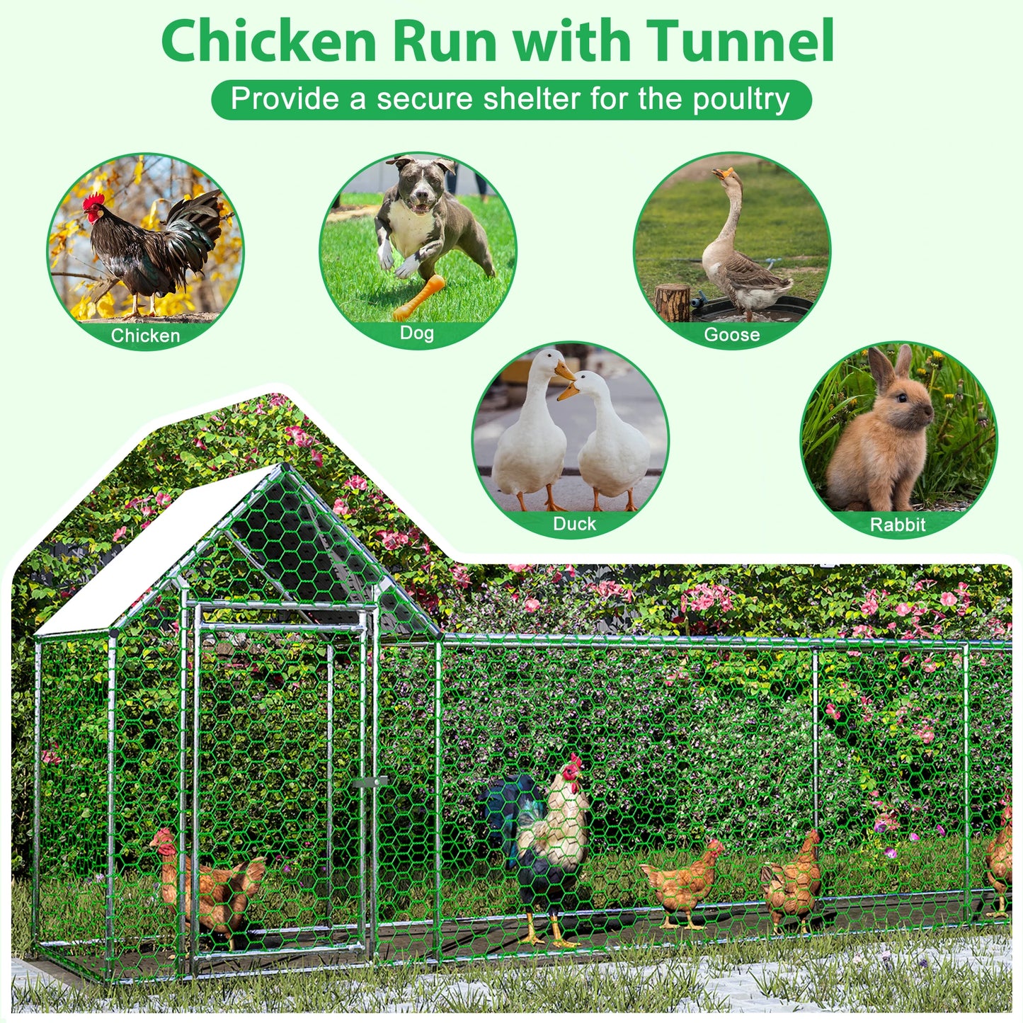 Metal Chicken Coop Run With Cover Durable Steel Frame PVC Coated Mesh