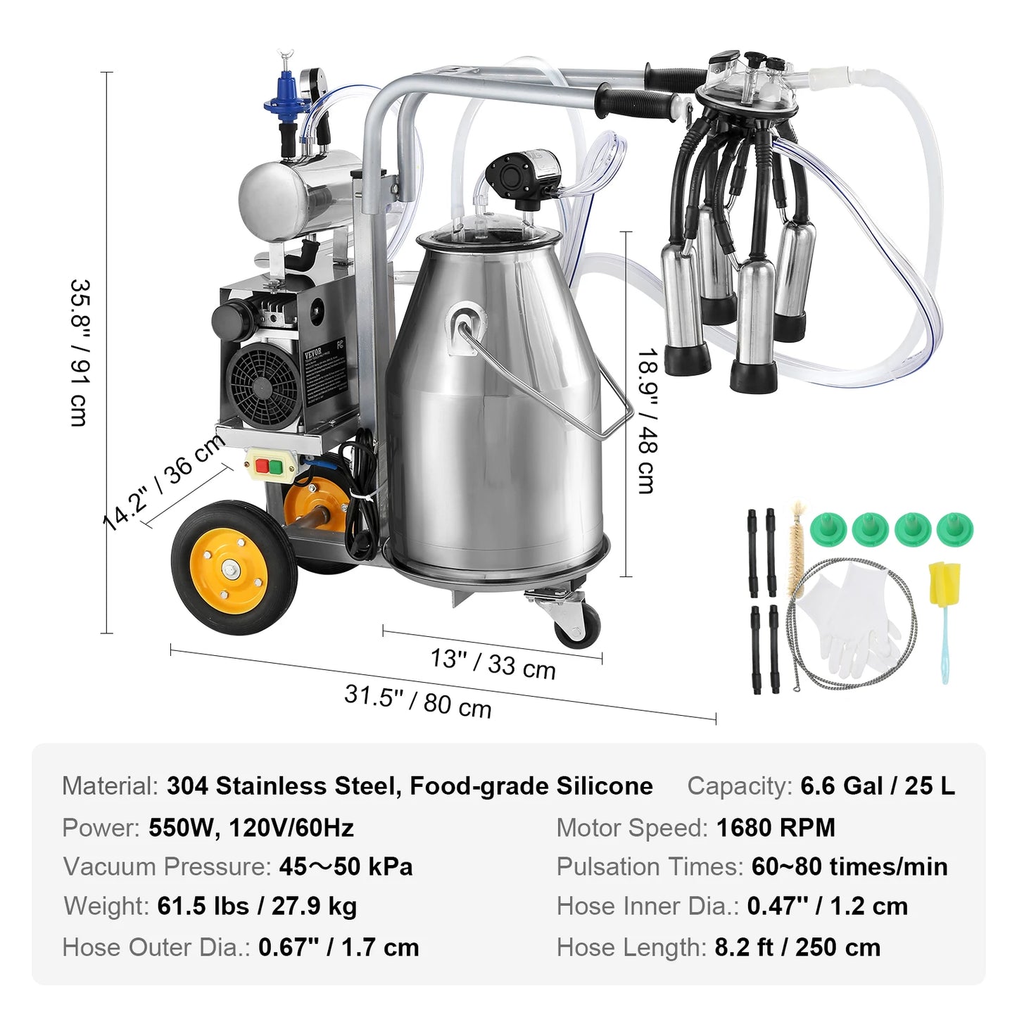 Electric Cow Milking Machine With Stainless Steel Bucket