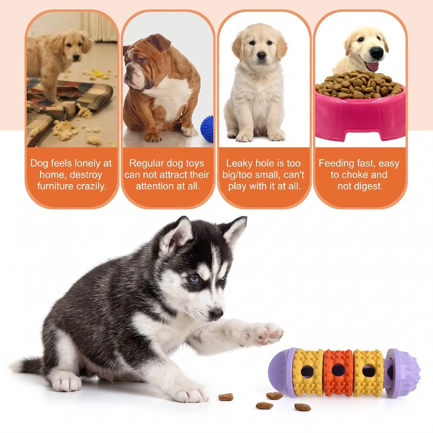 Dog enrichment toy with fun treat-dispensing design and textured chewing surface, built-in snack slots for slow feeding, suitable for all dog breeds for daily exercise and training