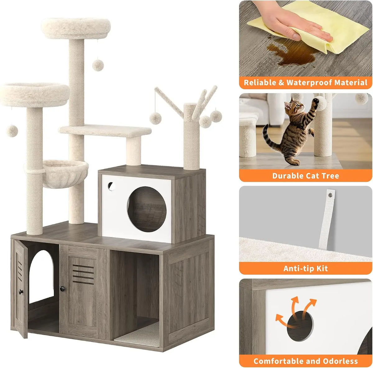 Cat Litter Cabinet with Cat Tree, 1 Piece 12MM Particle Board + 400G Plush, 140 cm High, Multifunctional Pet Furniture, Indoor Cat Accessories, Hidden Cat Litter Box Enclosure