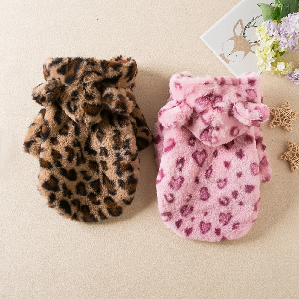 Winter Leopard Print Fleece Dog Hoodie Coat For Pets