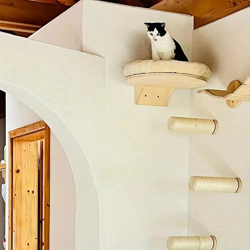 Solid Wooden Wall Mounted Cat Ladder And Hammock With Scratching Post